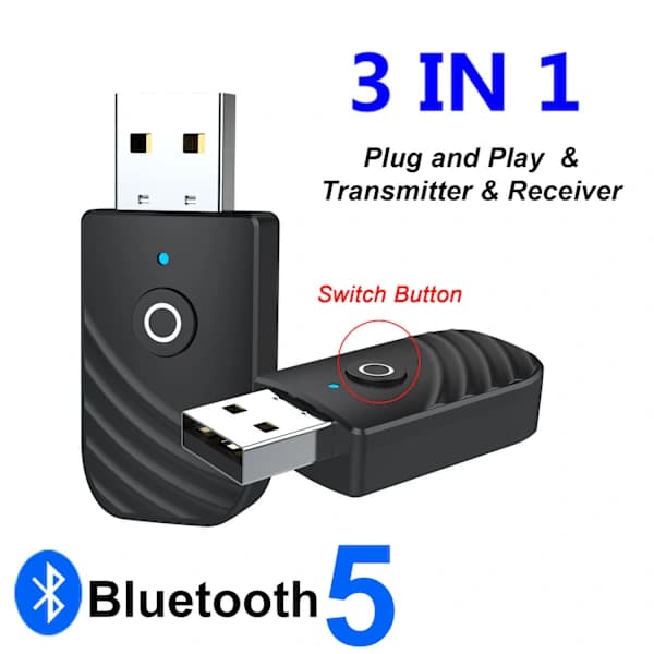 Bluetooth USB-sovitin, 5.0 langaton 3-in-1 USB-lähetin, A