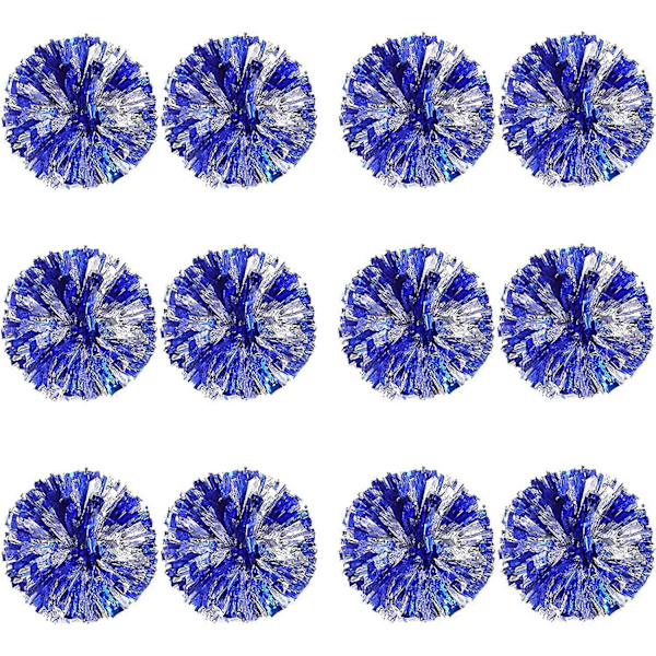 12 stk. Cheerleading Pomponer til Børn, Metallisk Folie Plastik Ring Cheer Pomponer til Drenge Medium Blue Silver