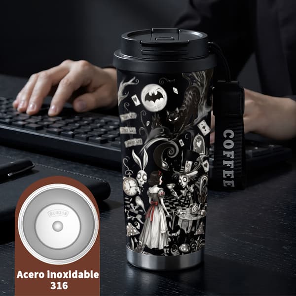Termoskaffe Mugg 500ml Rostfritt Stål Djurmönster Design, Isolerad kaffemugg, läckagesäker resemugg med lock Black
