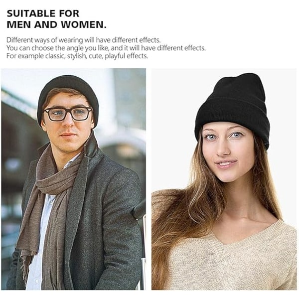 Vinterhue til mænd og kvinder, uldhue, sort, klassisk design, M