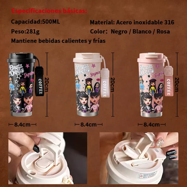 Kaffetermos 500ml 316 Rostfritt Stål Söt Design, Isolerad kaffemugg, läckagesäker resemugg med lock White