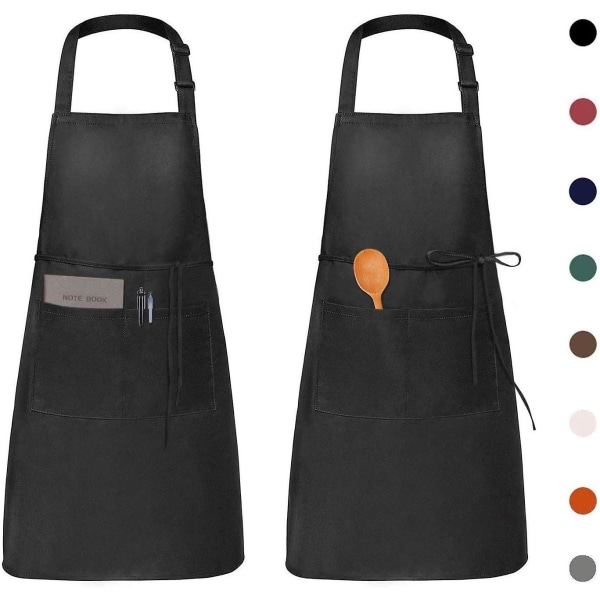 2 Pack Waterproof Kitchen Aprons, Black Adjustable Apron with Pockets for Family Cooking