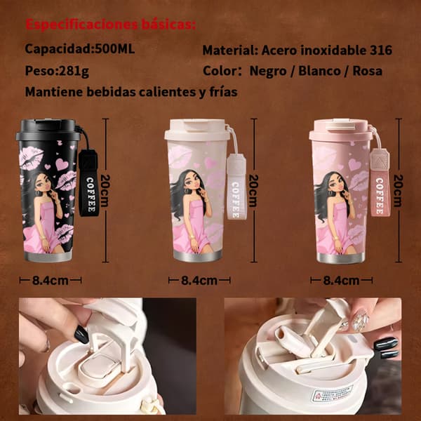 Termoskahvimuki 500ml ruostumaton teräs graafisella designilla, eristetty kahvimuki, tiivis matkamuki kannella Pink