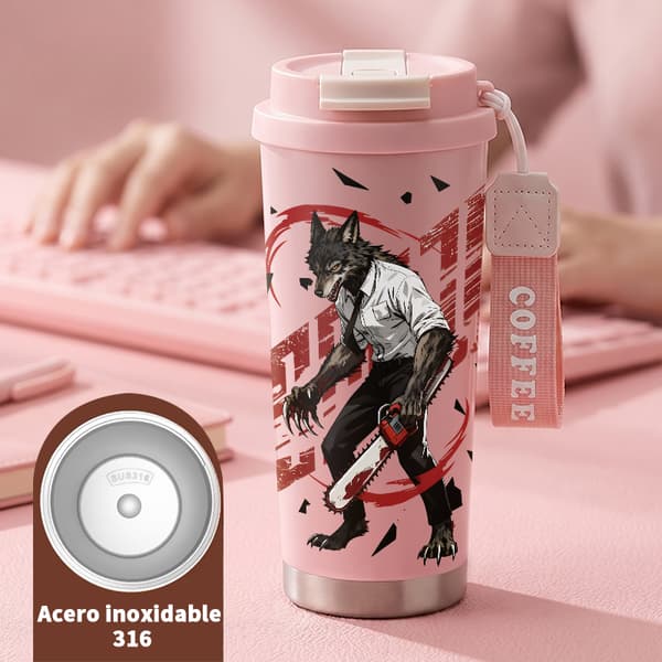 Termosmugg 500ml Rostfritt Stål Halloween Design, Isolerad kaffemugg, läckagesäker resemugg med lock Pink