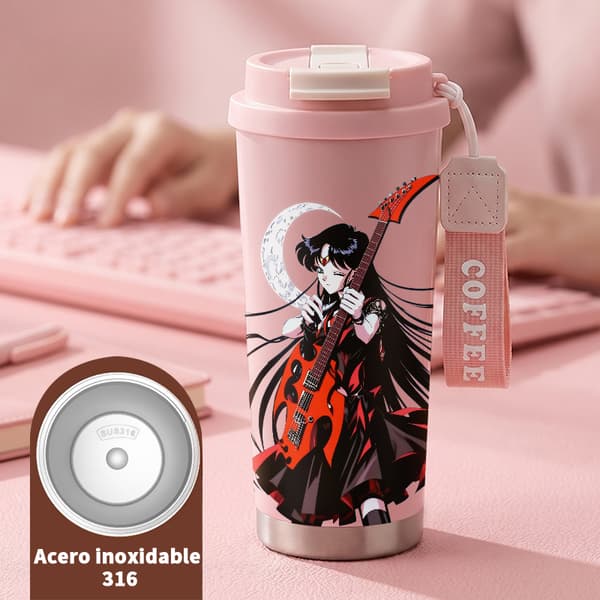 Kaffetermos 500ml Rostfritt Stål Grafisk Design, Isolerad kaffemugg, läckagesäker resemugg med lock Pink