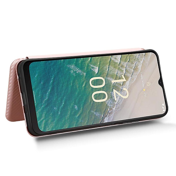För Nokia C32 PU Läder Kolfibertextur Skal Kortfack Ställ Mobilskal Rose Gold
