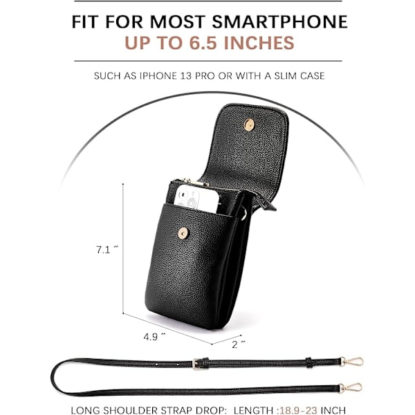 Vegan Läder Liten Crossbody Väska för Kvinnor Designer Mobilväska Plånböcker Justerbar Rem black