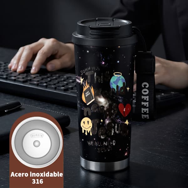 Kaffetermos 500ml Rostfritt Stål Anime Design, Isolerad kaffemugg, läckagesäker resemugg med lock Black