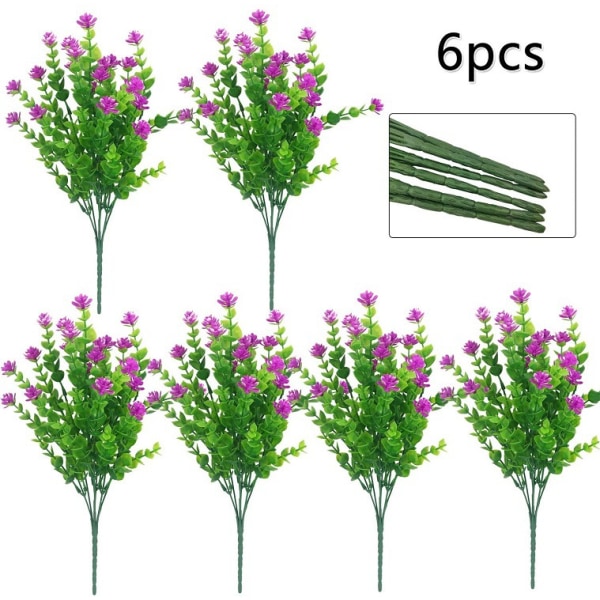 6 stk. kunstige grønne planter 7-grenet eukalyptus små roser