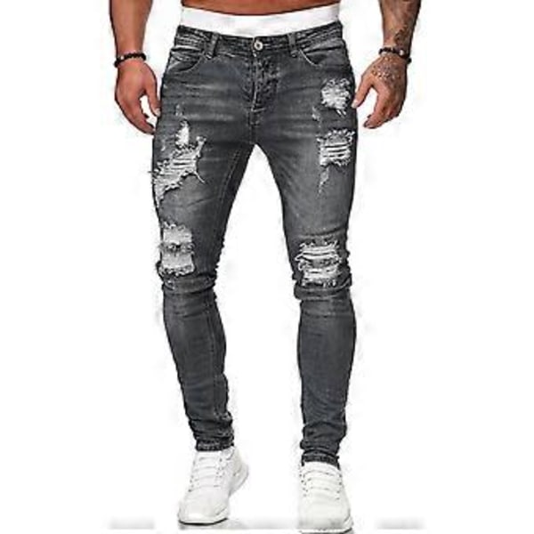 Man Slim Fit Elastiske Flænger Denim Bukser Strækbare Herre Jeans Patchs Distresseds Straight Leg Bukser Grå XXL Gray XXL