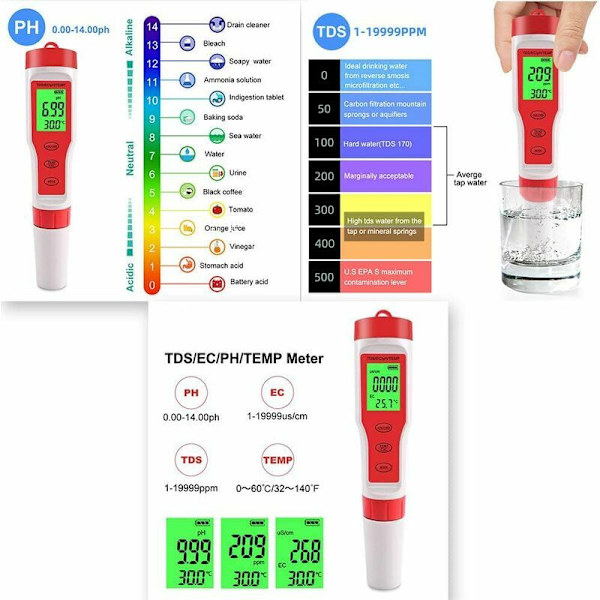 PH-mätare, Konduktivitetsmätare PH/TDS/EC/Temperatur Hög Noggrannhet