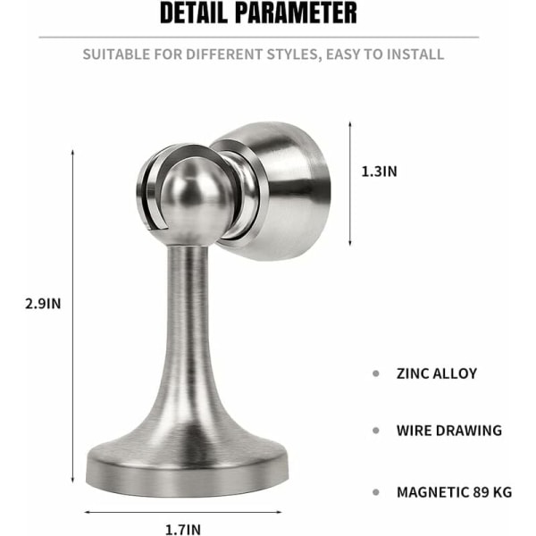 Set med 2 magnetiske dørstoppere, rustfritt stål, for vegg eller gulv