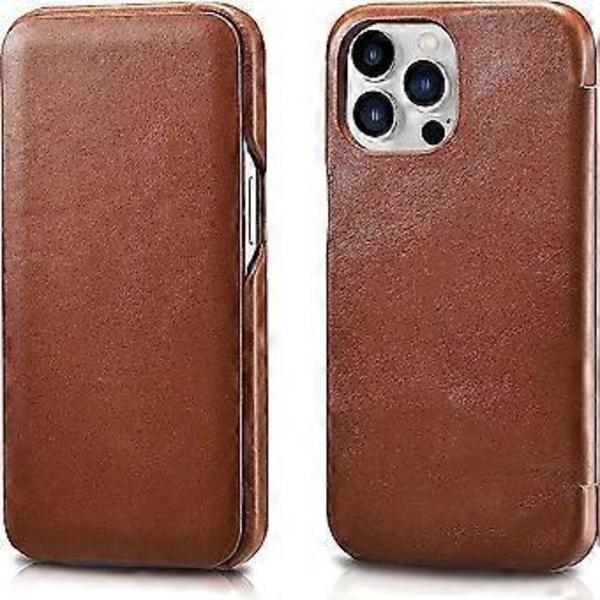 Läderfodral Kompatibelt med iPhone 13 Pro - Vintage Stil Äkta Läder Flip Folio Design Cover - Inbyggd Magnetisk Stängning - Brun