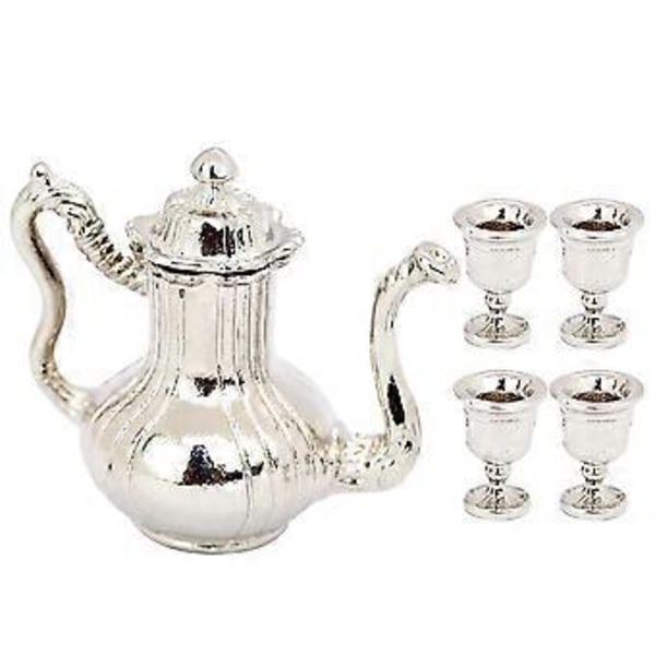 1 set Dockhus Miniatyr Tekopp Tekanna Set Miniatyr Tekittel Dockhus Tillbehör Silver