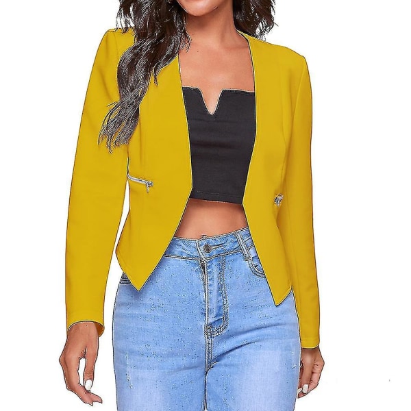 Dam Långärmad Mini Blazer kostymjacka Casual Office Cardigan Bolero Shrug.S.Yellow