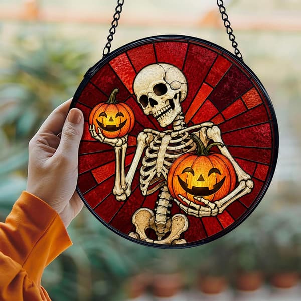 Halloween Efterår Glasmaleri Vinduesfanger, Rund Glas Vægkunst Dekoration – Stil 10