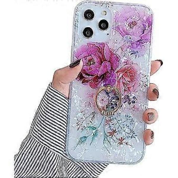 Kompatibel med iPhone 12 Pro Skal (6,1 tum), med Söta Blommande Blommor Inbyggd 360 Roterbar Ring Ställ Hållare Mjukt Slim Stötsäkert TPU IMD Pho