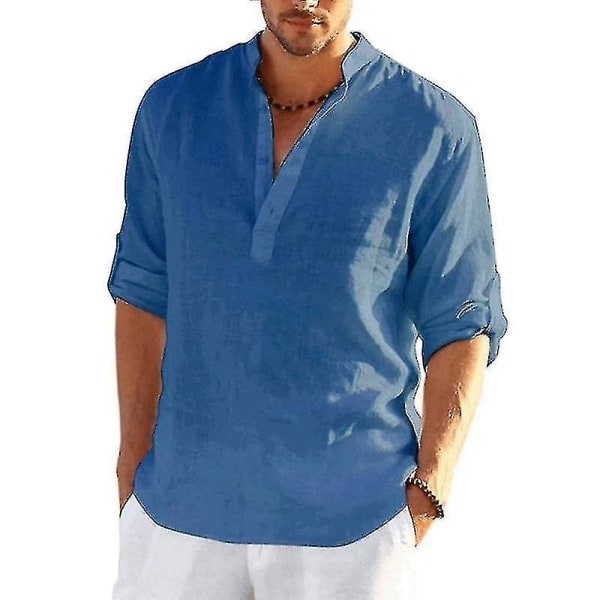 Långärmad linneskjorta för män, casual i bomull och linne, S-5xl topp, Ny design.S.Denim Blue