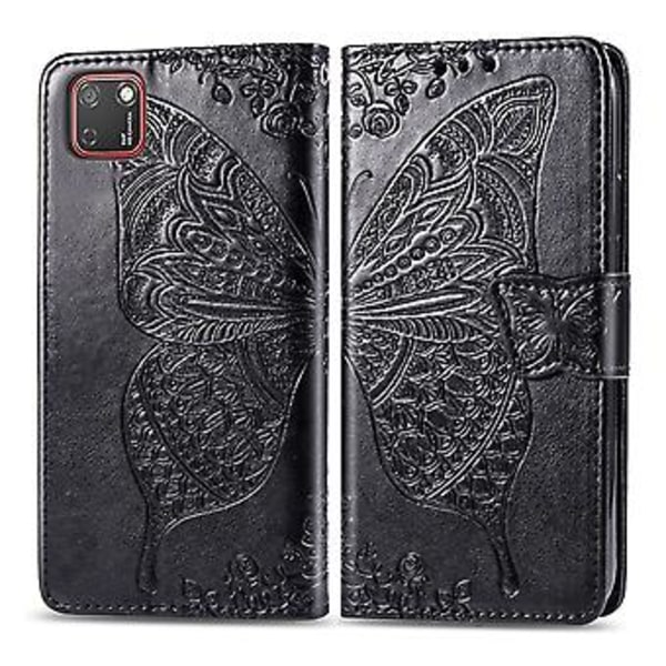 För Huawei Y5P 2020 Fjäril Kärlek Blomma Präglat Horisontellt Flip Läderfodral med Ställ / Kortplats / Plånbok / Snodd Black