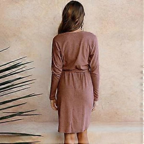 Dame Slå-om Langærmet Empire Talje Rund Hals Vaffelstrikket Midi Kjole Magenta (style5739)