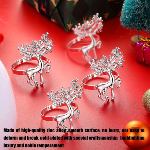 12Pcs Christmas Reindeer Napkin Rings, 6CM Silver Elk Napkin Hold