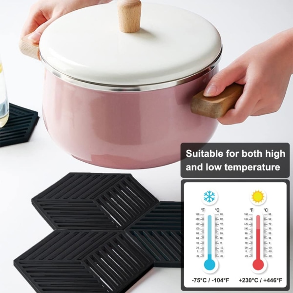3 stk. Silikon Trivet, Skridsikker Sekskantet Trivet, (Sort) 13,8*