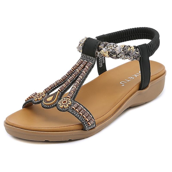 Bohemian Casual Outdoors Comfy Sandals For Women, The Elastic Band Light And Comfortable Open Toe Ankle Strap Sandals.41.Black