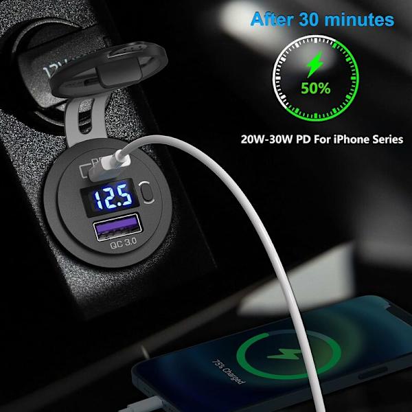 48W USB C-billaddare för biluttag, 12V/24V PD&QC 3.0-biluttag med LED-voltmeter och på/av-knapp Snabb billaddare