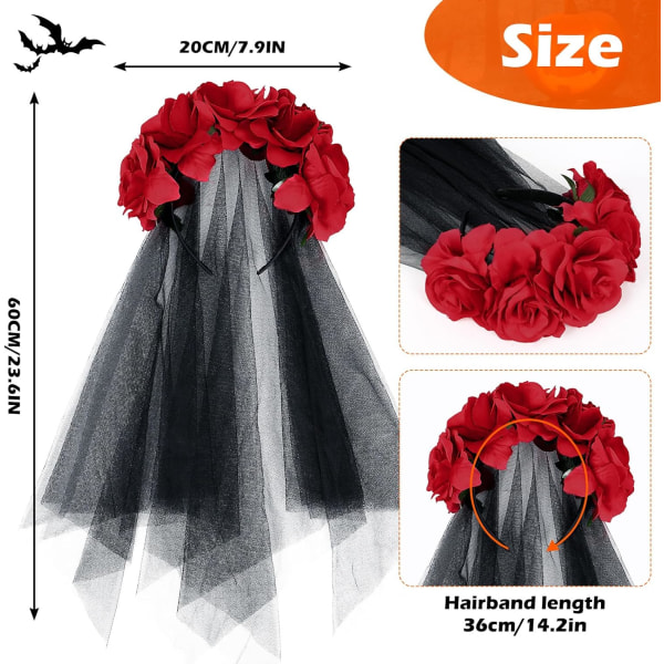 1PC Red Headband Day of the Dead, Halloween Gothic Headdress Rose