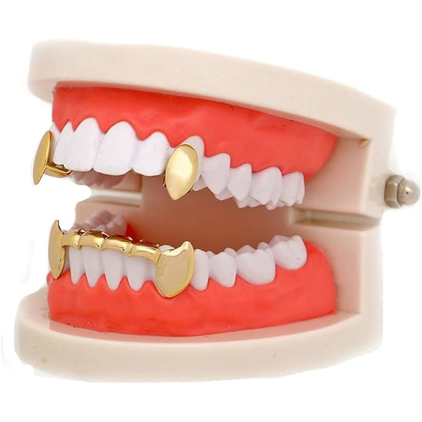 14k Guld Vampyr Dracula Tänder Grillz 2st Singel Fångar och 6 Bott