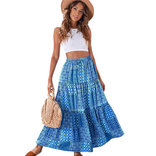 Boheme strandnederdel, sommer strandnederdel, komfortabel etnisk stil trykt lang nederdel, M, blå Blue M