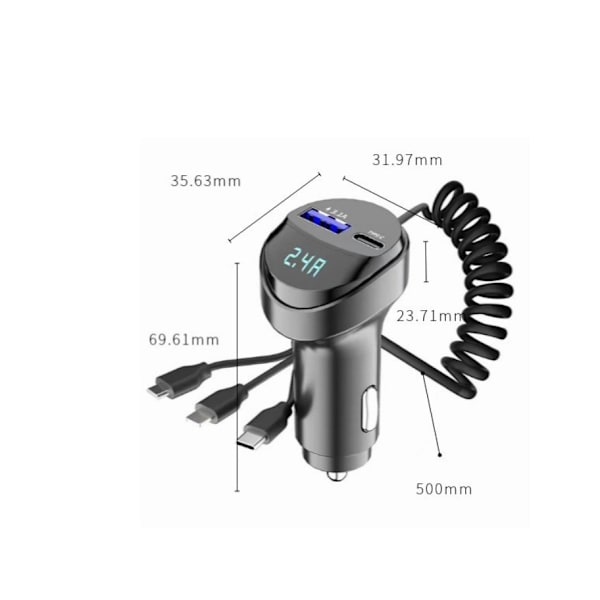 Auton puhelimen pikalaturi, pidennettava latauskaapeli, 2 USB-porttia, 5