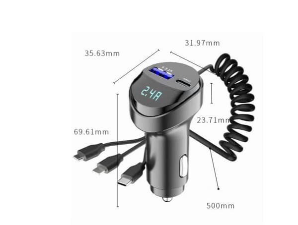 Biltelefon hurtiglader, uttrekkbar ladekabel, 2 USB-porter, 5