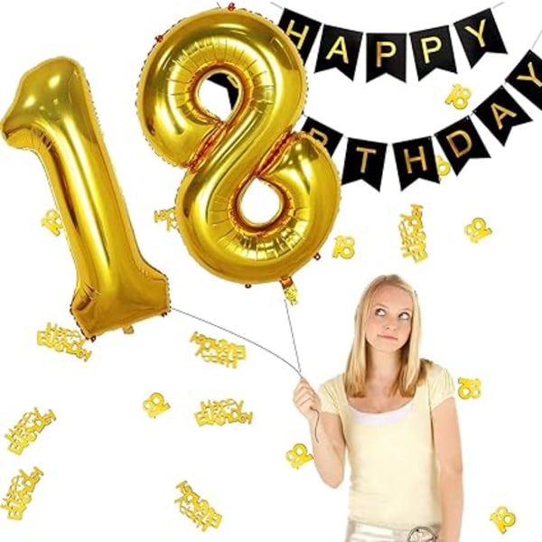 18 års fødselsdag dekoration guld sort, Happy Birthday banner,