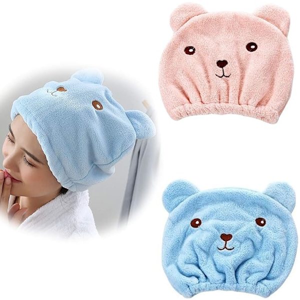 Beige+Bleu)2pcs Chapeau Cheveux Secs Serviette Cheveux Serviette