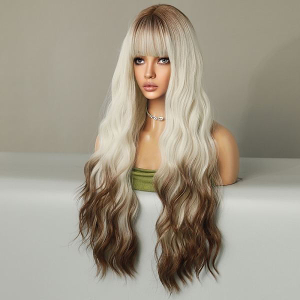 Silvervit (färgad brun i änden) 80CM peruk i full längd med ba