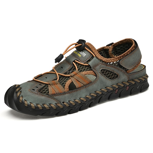 Sommarsandaler för män, Mode lädersandaler, Handsydda utomhus strand sandaler i kohud, andningsbara, 45, Grön Green 45