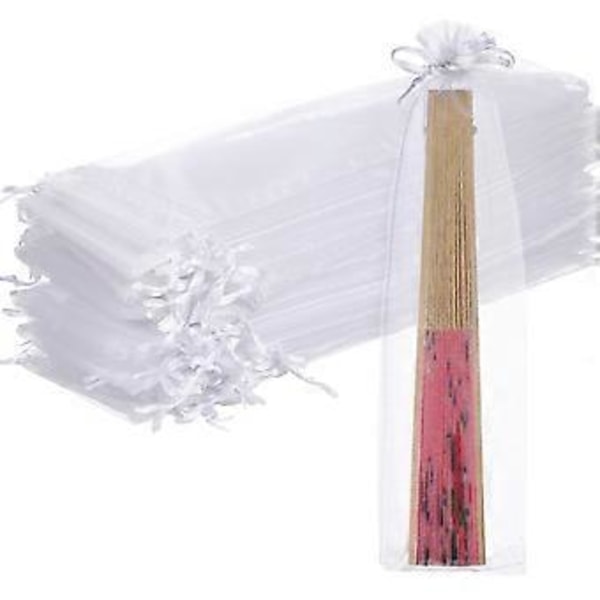 50 stk. Organza pose med snøre til folde vifte, fest, bryllup, gaveposer (Hvid)