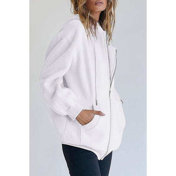 Kvinnors dragkedja upp huvtröjor sweatshirts kläder tonårsflicka höst casual jackor med.XL.Vit