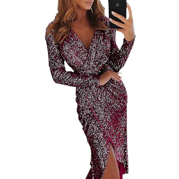 Elegant Sequin Glitter Festkjole Kvinder V-hals Bodycon Glitter Langærmet Damer Club Festkjole.L.Blå