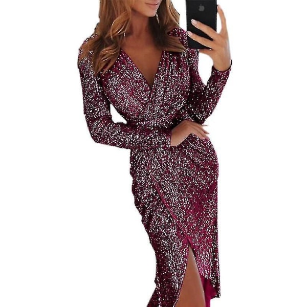 Elegant Sequin Glitter Festkjole Kvinner V Hals Bodycon Glitter Lang Ermet Damer Club Festkjole.XL.Sølv