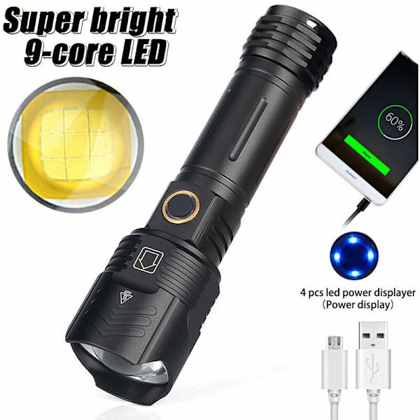 Starkt Ljus P99 LED Ficklampa Utomhus USB Ut- och Ingångs Laddning
