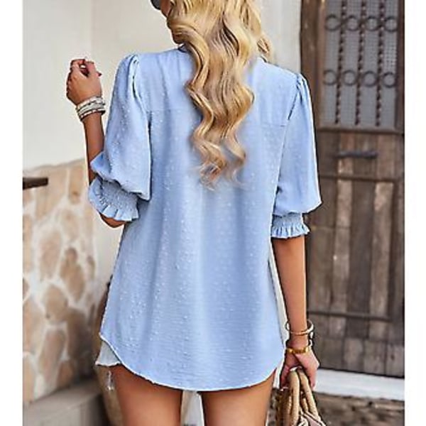 Dam Halv Ärm V-ringad Topp Elegant Trendig Enfärgad Puffärm Elastisk Rynkad Manschett Skjorta Blus (SBlå) Blue S