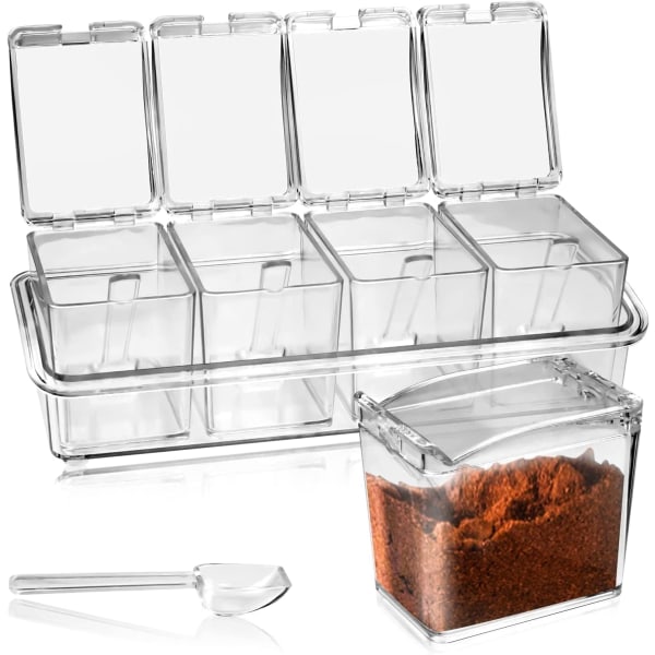 4-delad kryddbox i akryl, kryddboxset med kryddor