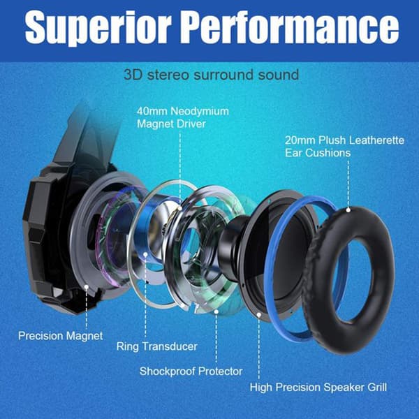 Headset, Kablet PC Gaming Headset med LED-lys til PS5, Gaming Headset - Sort Black