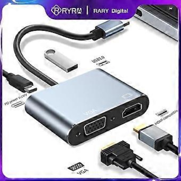 RYRA 4K Type C til HDMI-kompatibel USB 3.0 VGA PD 100W Opladningsadapter Dock Hub Til