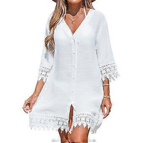 Dam Enfärgad Baddräkt Strandkläder Coverups Sovskjorta Lös Kofta Baddräkt Sexiga Badkläder Bikinis Coverups Vit L L
