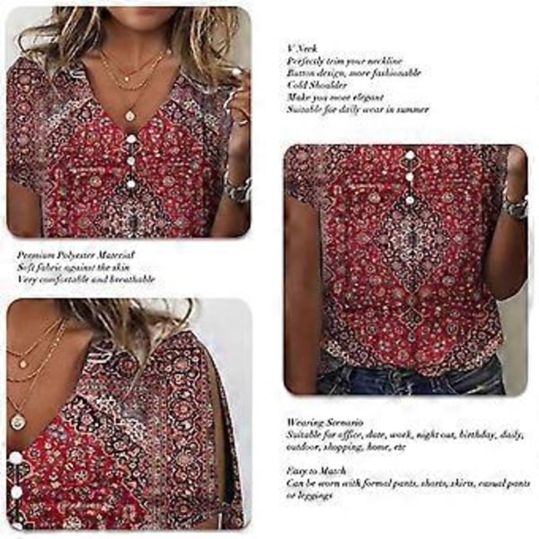 Dame Bluse Knapp V-hals Kort Erme Kald Skulder Stilig Casual Dame Topp for Sommer Rød XL