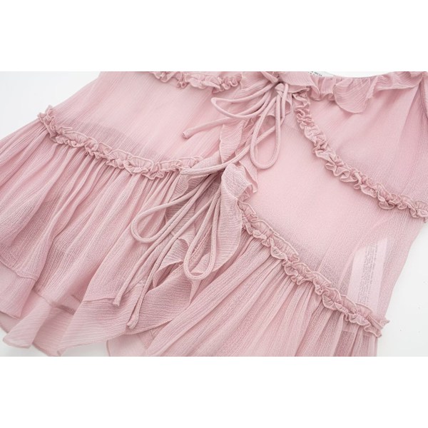 Moteriktig volangvest og camisole, fransk sexy semi-transparent lagdelt dekorativ topp, rosa, S Pink S
