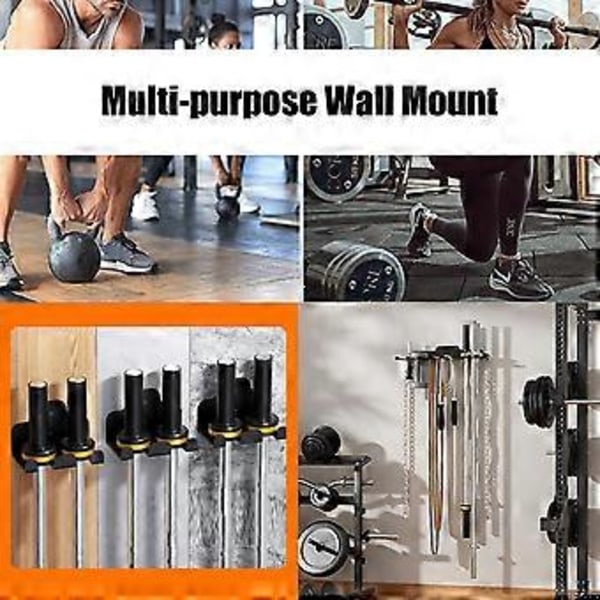 Väggmonterat skivstångsställ för platsbesparing i hemmet eller kommersiella gym. Fitnessentusiaster städar träningsutrymmen. Double hook